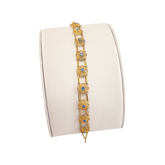 Vintage Gold-Plated Floral Bracelet With Blue Gemstone Accents - Picture 3 of 9